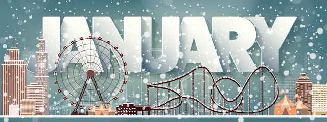 January month,winter cityscape.City silhouettes.Town skyline. Panorama. Midtown houses.New year,christmas.Holidays in December,February.