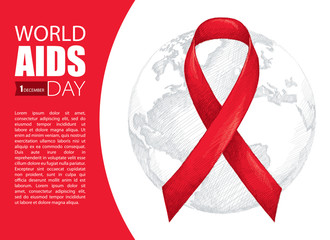 Vector illustration with gray earth planet and red ribbon isolated on white background. AIDS Awareness symbol in line art style. Design for world AIDS day 1 December with world map, ribbon and text.