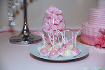 Wedding cake. Candy bar marshmallow on the table in a vase, macaroon, and cupcake, decor vanilla, handmade sweets