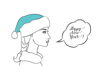 New Year retro greeting card/Beautiful girl in the blue hat of Santa Claus with speech bubble. Pop art style. Vector fashion illustration