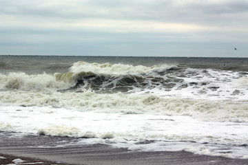 Fototapeta na wymiar Storm. Big grey waves at sea 