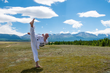 Man in white kimono and black belt training karate on mountain background.