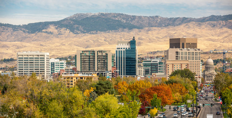 Obraz premium Capital City Boise Idaho with fall trees skyline