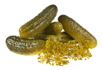 Pickled cucumbers on white background