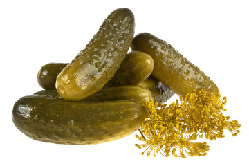 Pickled cucumbers on white background