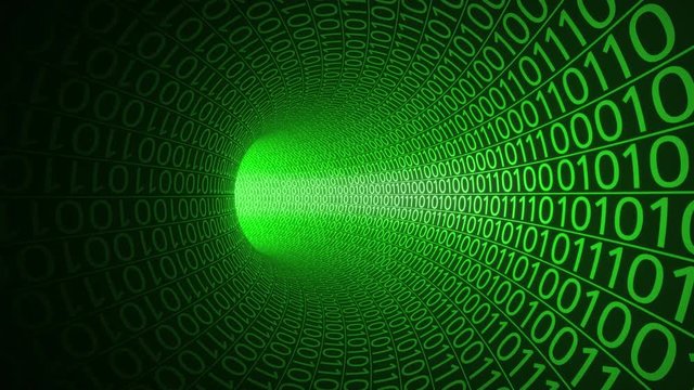 Endless flight through abstract green tunnel made with zeros and ones. Hi-tech motion background. IT, binary data transfer, digital technologies concepts. 4K seamless loop clip