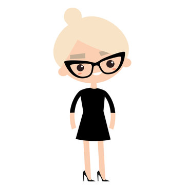 Neat Business Lady Wearing Elegant Glasses, Black Dress And High Heels  / Editable Vector Illustration, Clip Art