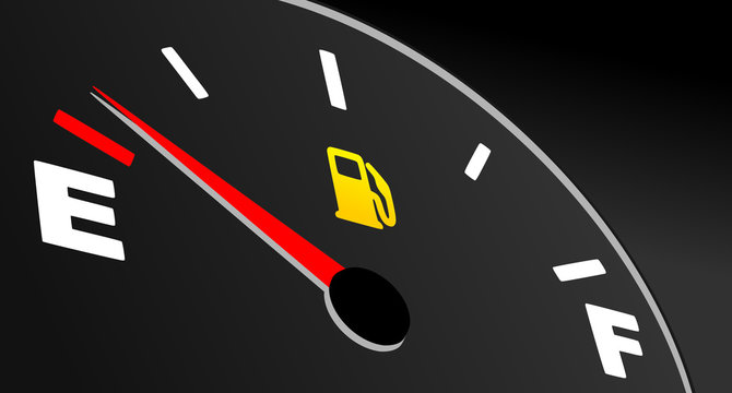 Fuel gauge showing empty tank. Vector fuel indicator on black background.