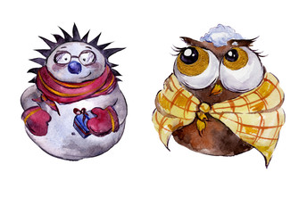 Fototapeta premium Rounded smiling hedgehog and funny owl with golden details on white background. Hand drawn watercolor painting. Can be used for Christmas and New year illustrations, greeting cards. 