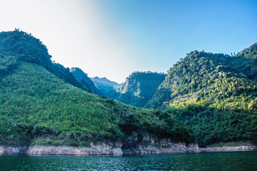 The lake and mountains scenery with blue sky