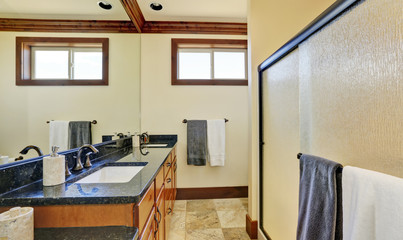 Bathroom  interior with glass door shower, vanity cabinet