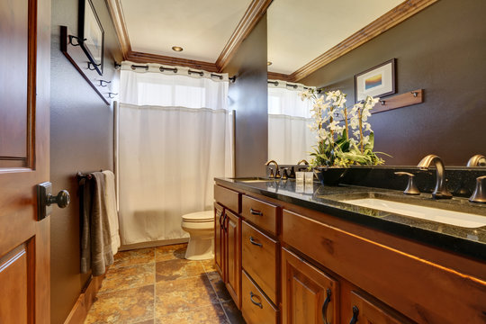 Bathroom  interior with shower, vanity cabinet and toilet