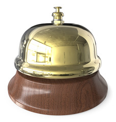 Brass Reception Bell. 3D render of classic metal Reception Bell. Brass and wood.