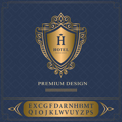 Monogram design elements, graceful template. Elegant line art logo design. English letters. Business gold emblem. for Restaurant, Royalty, Boutique, Cafe, Hotel, Heraldic, Fashion. Vector illustration