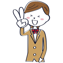 茶色のブレザーの学生　女子　学生　上半身 　Vサイン