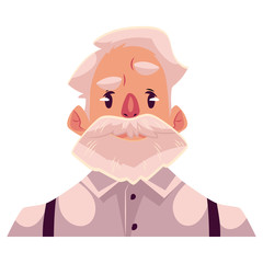 Obraz premium Grey haired old man face, angry facial expression, cartoon vector illustrations isolated on white background. Old man, grandfather feeling distressed, frustrated, sullen, upset. Angry face expression