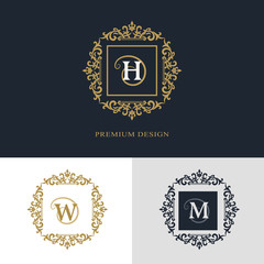 Monogram design elements, graceful template. Calligraphic elegant line art logo design. Letter emblem sign H, W, M for Royalty, business card, Boutique, Hotel, Heraldic, Jewelry. Vector illustration