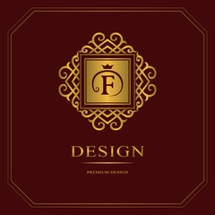 Monogram design elements, graceful template. Calligraphic elegant line art logo design. Gold Letter emblem sign F for Royalty, business card, Boutique, Hotel, Heraldic, Jewelry. Vector illustration