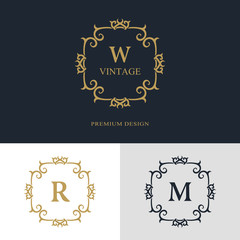 Monogram design elements, graceful template. Calligraphic elegant line art logo design. Letter emblem sign W, R, M for Royalty, business card, Boutique, Hotel, Heraldic, Jewelry. Vector illustration