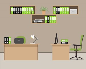 Workplace of office workers on a beige background. Vector flat illustration. There are two tables, two green chairs, shelves for documents and other objects in the picture