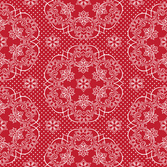 Seamless pattern snowflakes and polka dots on red background vector. Christmas lace fabric or wrapping paper design illustration