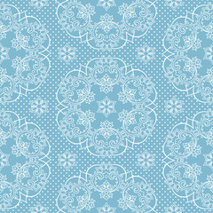 Seamless pattern snowflakes and polka dots on blue background vector. Christmas lace fabric or wrapping paper design illustration