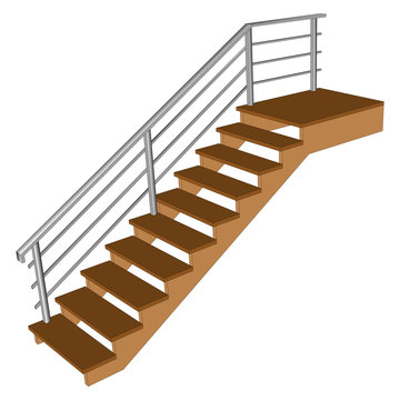 Stair with wooden steps. Ladder Sample 3d with chrome railing side view isolated. Vector illustration on a white background.