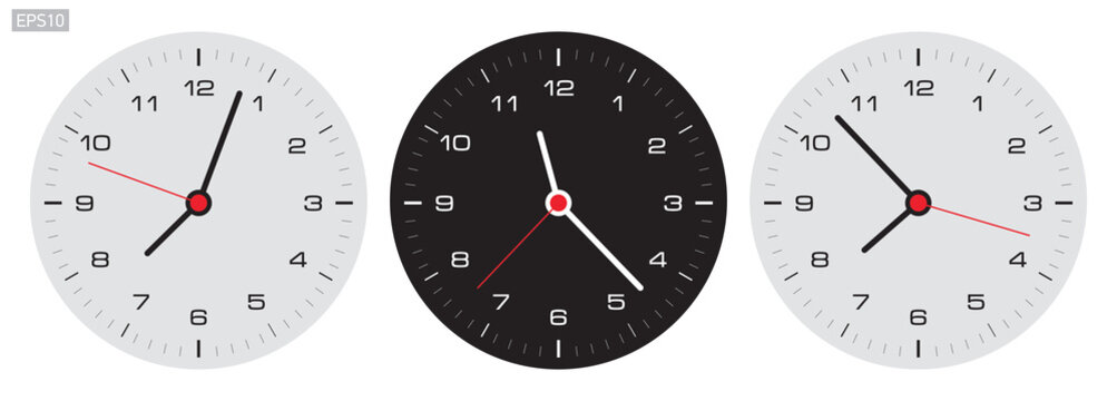 Clock icon in minimalism style, black and gray, timer on white background. Vector design element