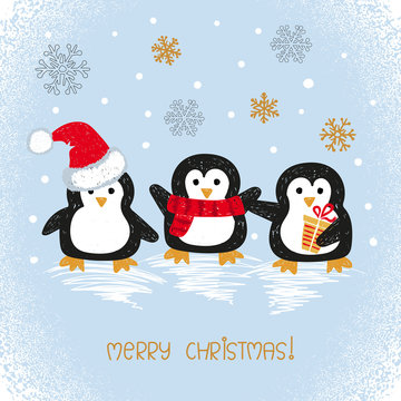 Merry Christmas card design with cute doodle penguins. Vector holiday illustration.