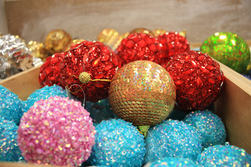 Christmas tree colorful decoration at market, closeup