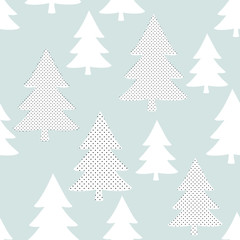 Seamless pattern with Christmas trees in white on blue background.