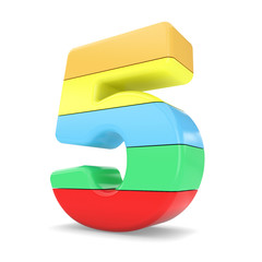 3d multicolor number 5 five isolated white background.