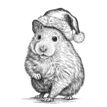 hamster closed his eyes with his paws, black and white engrave. Christmas hat.