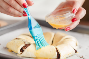 Making Swirl Brioche with chocolate, Chocolate roll bread, choco