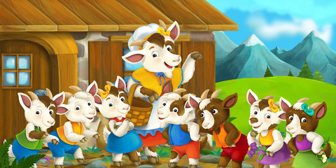 Cartoon scene with mother goat and her kids - illustration for children
