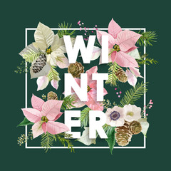 Winter Christmas Design in Vector. Winter Flowers with Pines Retro Background