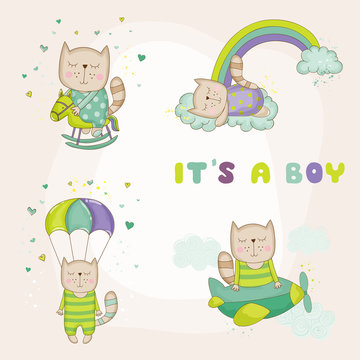 Baby Cat Set - Baby Shower or Arrival Card - in vector