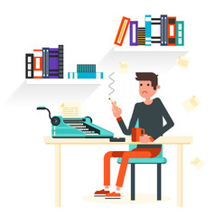 Writer ssits by the table and writing a new story. Retro vintage style. Indoor illustration. Vector flat design. Flat character - writer. 