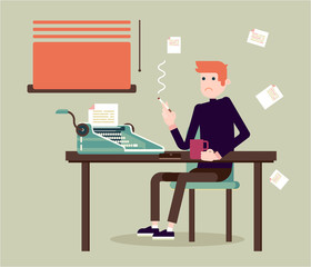 Writer ssits by the table and writing a new story. Retro vintage style. Indoor illustration. Vector flat design. Flat character - writer. 