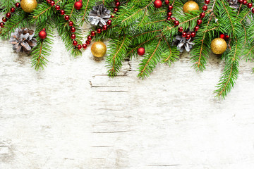 christmas background with fir branches and decorations