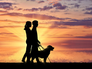 Obraz premium Blind couple with cane and dog guide near sea sunset