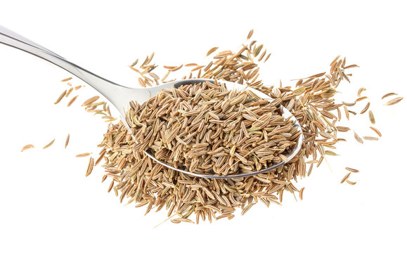 Cumin seeds or caraway in spoon isolated on white background