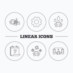 Car wash icons. Automatic cleaning station linear signs. Clean car, automatic carwash flat line icons. Flat cogwheel and calendar symbols. Linear icons in circle buttons. Vector