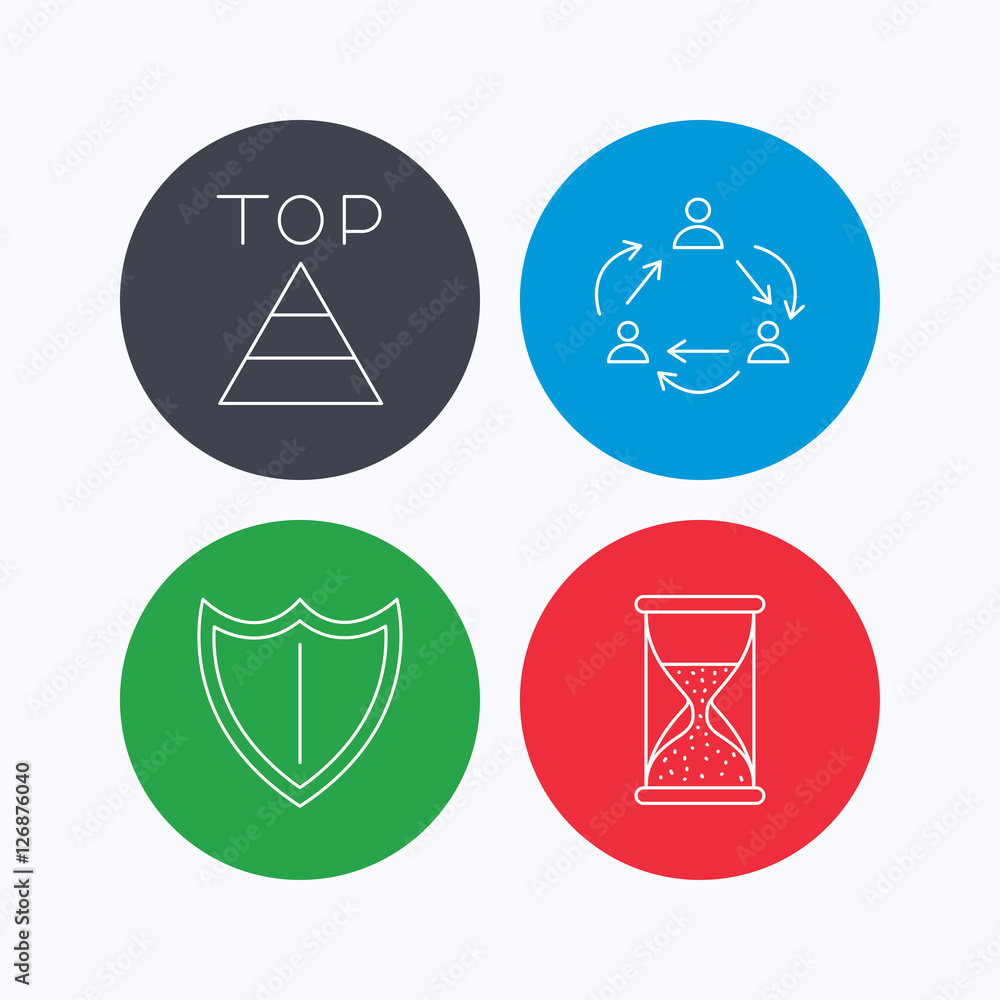 Poster teamwork, shield and top pyramid icons. hourglass linear sign. linear icons on colored buttons. flat