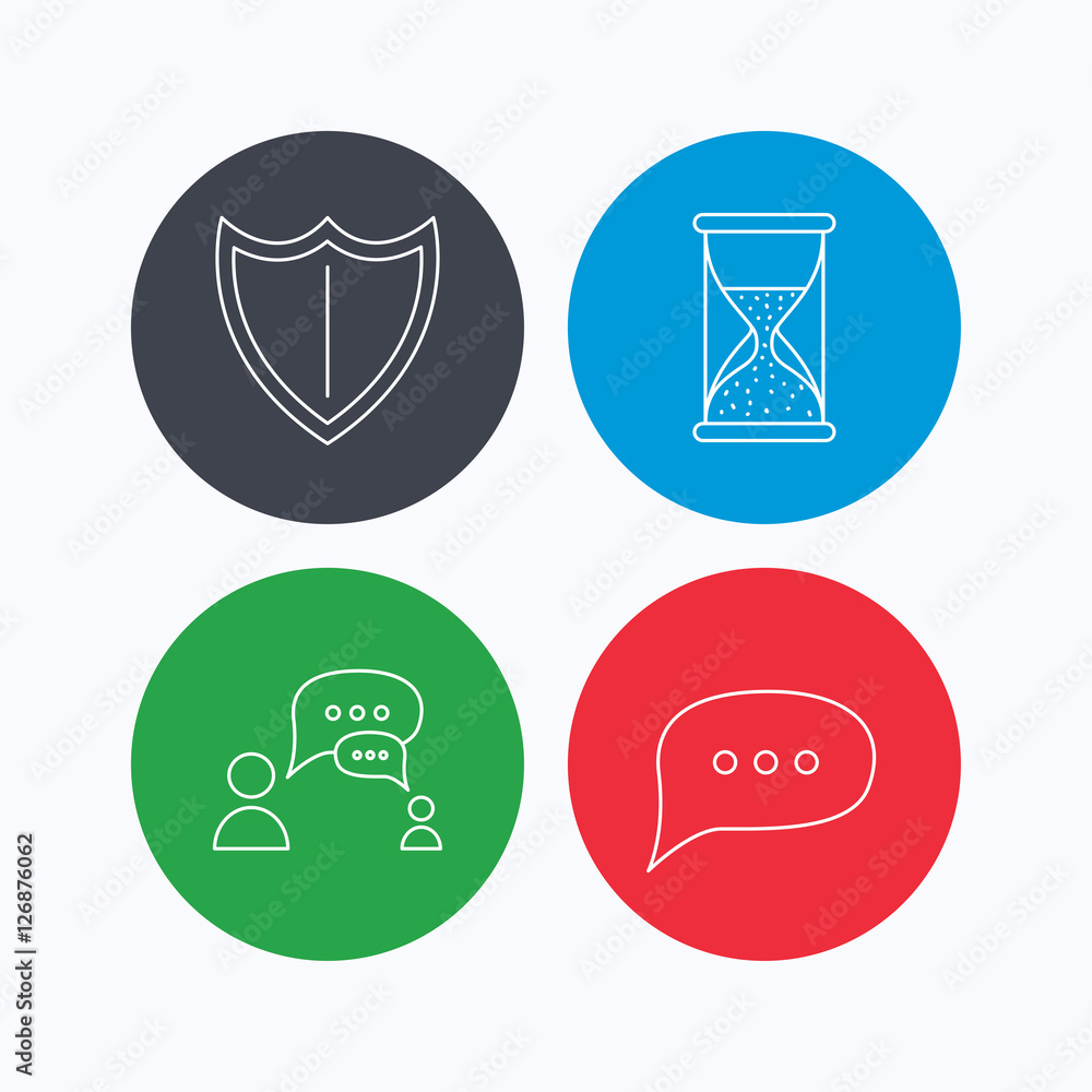 Poster dialog, chat speech bubbles and shield icons. protection, hourglass linear signs. linear icons on co