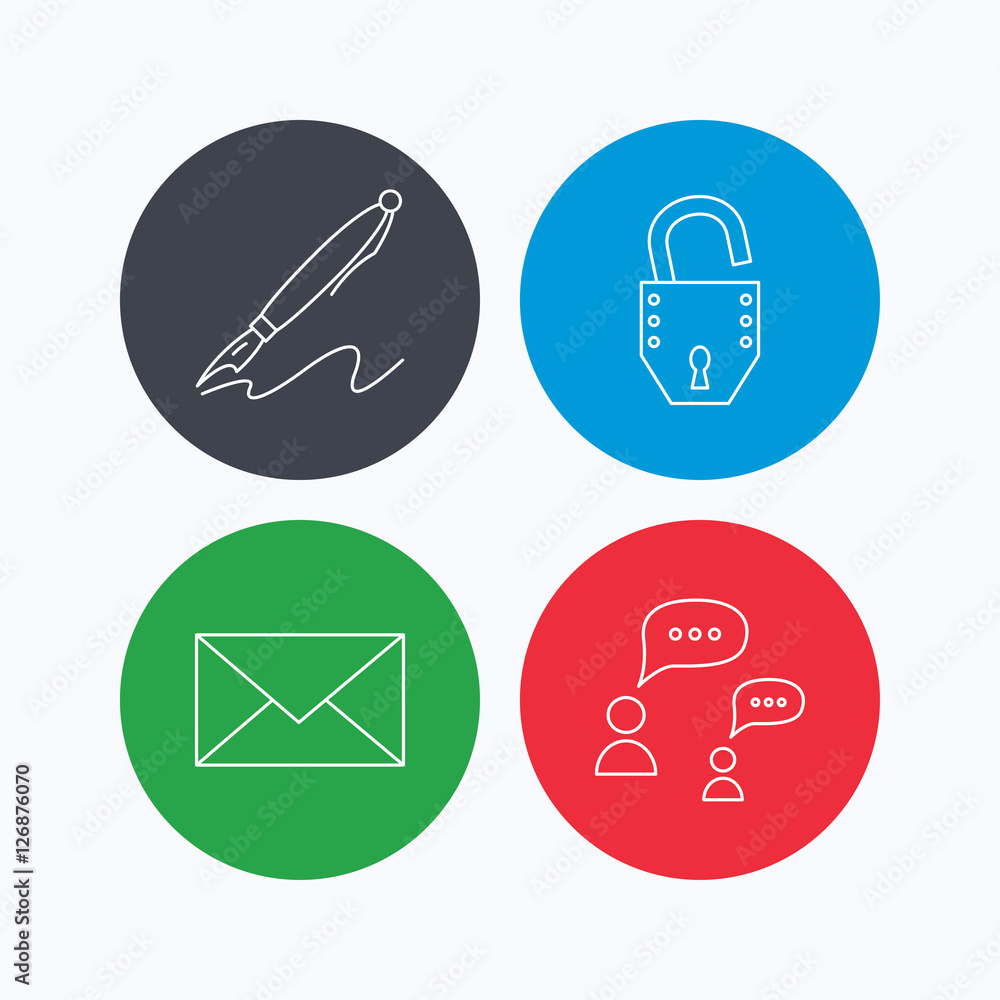 Poster dialog, mail envelope and open lock icons. pen linear sign. linear icons on colored buttons. flat we