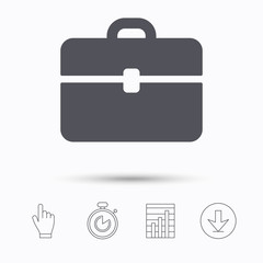 Briefcase icon. Diplomat handbag symbol. Business case sign. Stopwatch timer. Hand click, report chart and download arrow. Linear icons. Vector