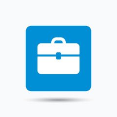 Briefcase icon. Diplomat handbag symbol. Business case sign. Blue square button with flat web icon. Vector