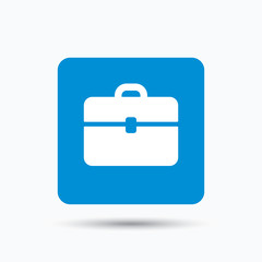 Obraz premium Briefcase icon. Diplomat handbag symbol. Business case sign. Blue square button with flat web icon. Vector