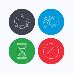 Teamwork, presentation and hourglass icons. Delete or remove linear sign. Linear icons on colored buttons. Flat web symbols. Vector